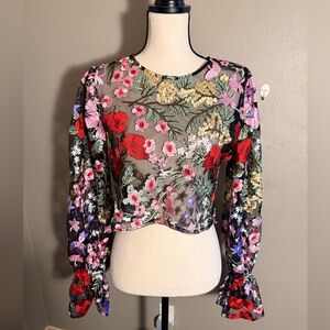 AKIRA Multicolor Floral Embroidered Sheer Blouse
